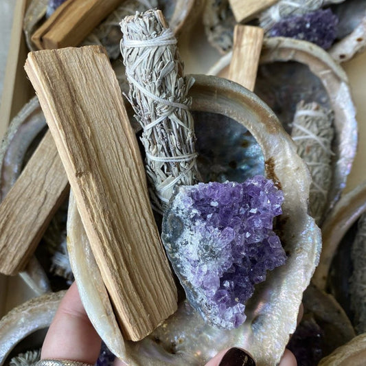 Smudging Cleansing Kit w/ Sage, Palo Santo, Shell, and Amethyst