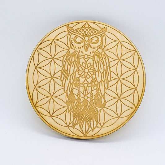 Owl, Dreamcatcher, & Flower of Life Birch Crystal Grid