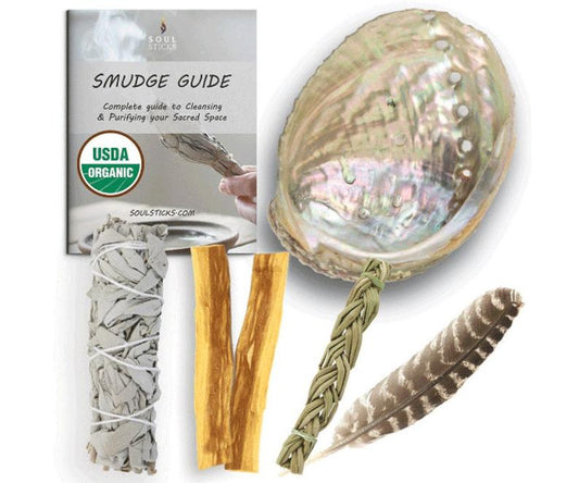 Cleansing Sage Smudge Starter Kit w/ USDA Organic Sage, Sweetgrass, Palo Santo, Shell, Feather & Guide